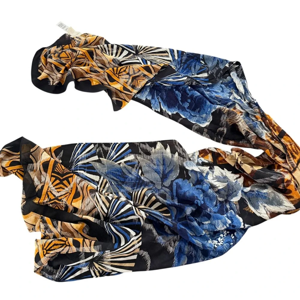 Chicos Women Blue Gold Geometric Floral Silk Blend Lightweight Rectangular Scarf